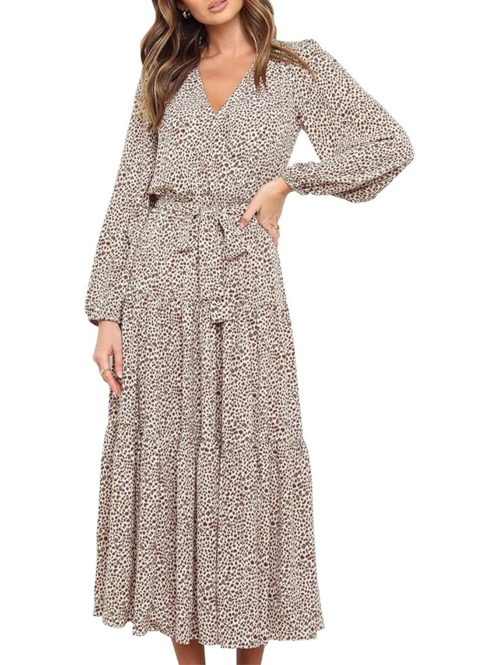 Women's Apricot Long Sleeve Casual Boho Floral Wrap Wedding Guest Maxi Dresses
